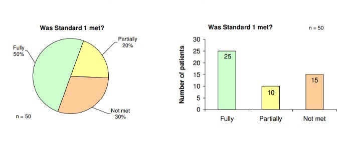 Pie chart on the left with segments; Fully 50%, Partially 20%, and Not met 30%. Bar chart on the right with bars; Fully 25, Partially 10, Not met 15.