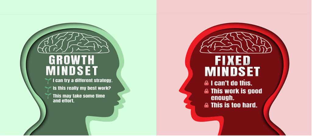 An image showing two drawn faces looking at each other. One green with the words GROWTH MINDSET and three points; I can try a different strategy? Is this really my best work? This may take some time and effort. The second face is red with the words  FIXED MINDSET and three points; I can't do this. This work is good enough. This is too hard.